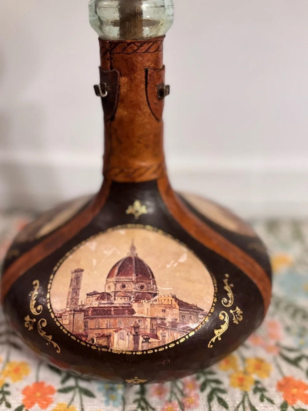 Vintage Leather Decorative Decanter with Florence Illustration.